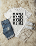 "Mama" x 3 in black font with cow print lightening bolt tee