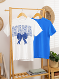 Blue floral "Mama" tee with solid blue bow