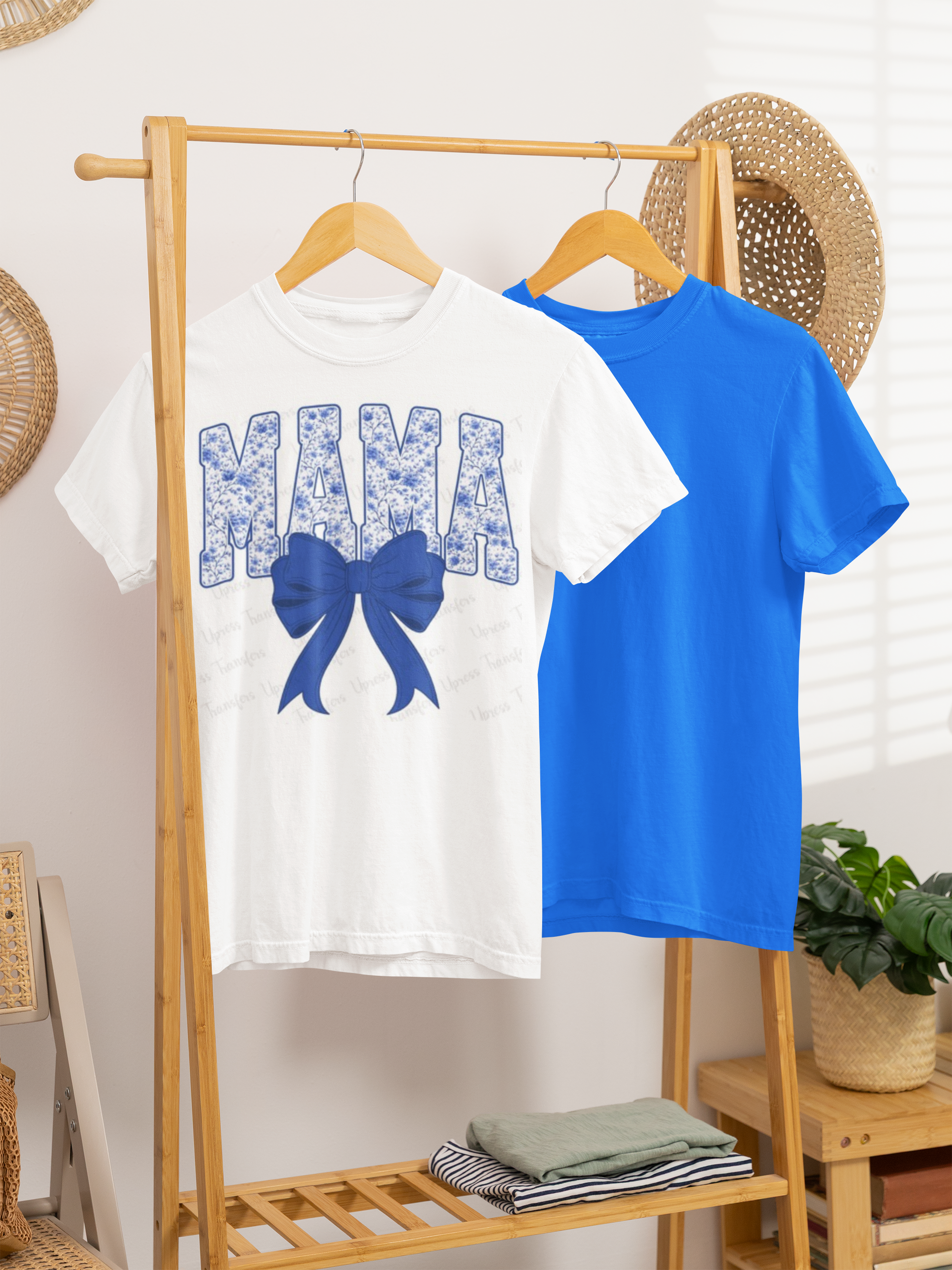 Blue floral "Mama" tee with solid blue bow