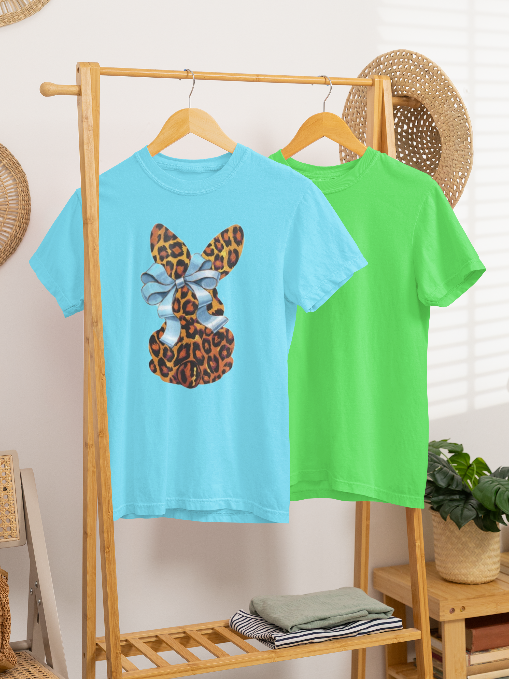 Leopard bunny with a blue bow tee