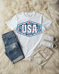 "USA" in white with red, white, and blue camo tee