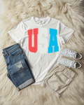 "USA" in extra large print tee