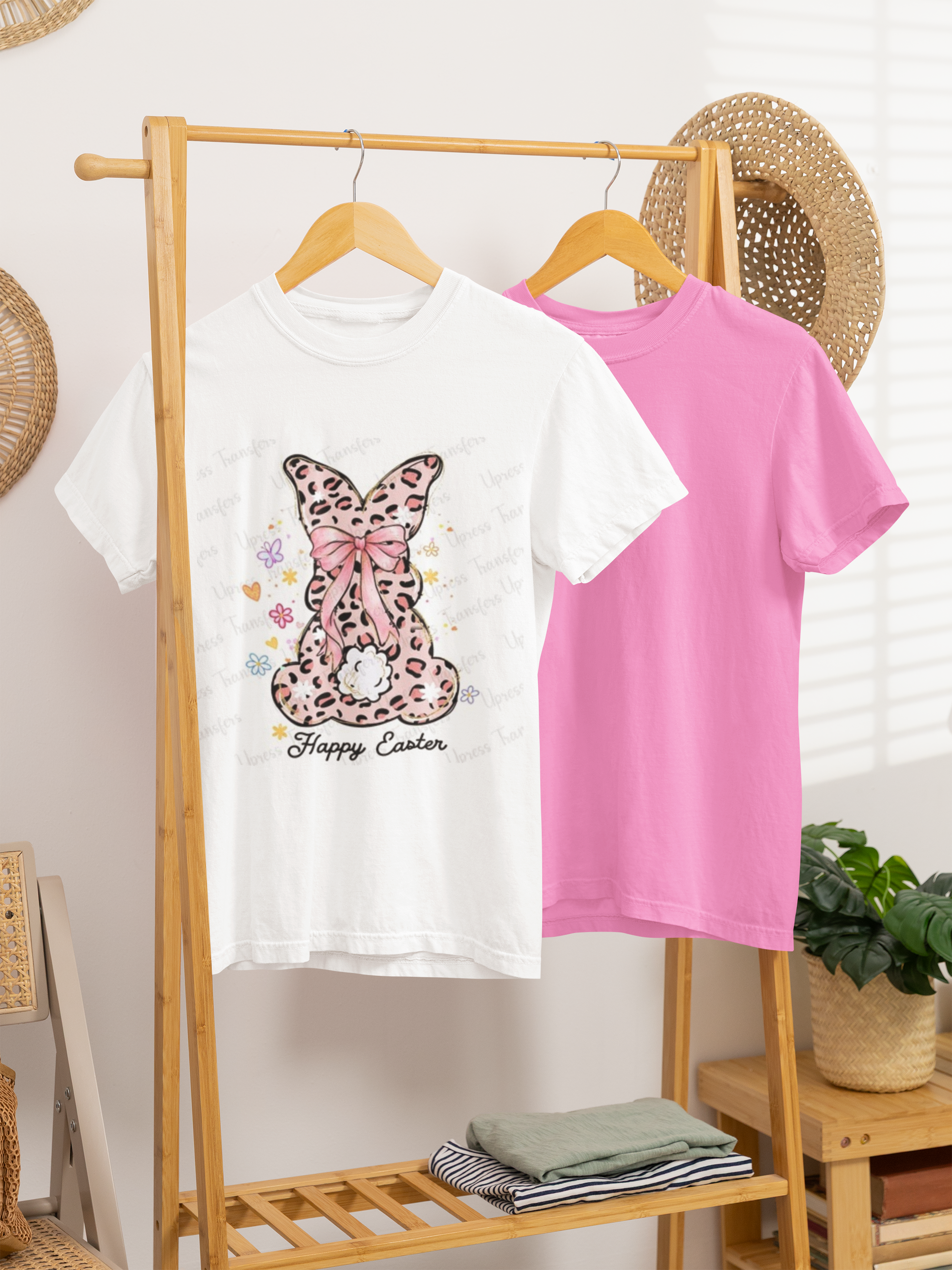 Pale pink leopard bunny with a bow tee