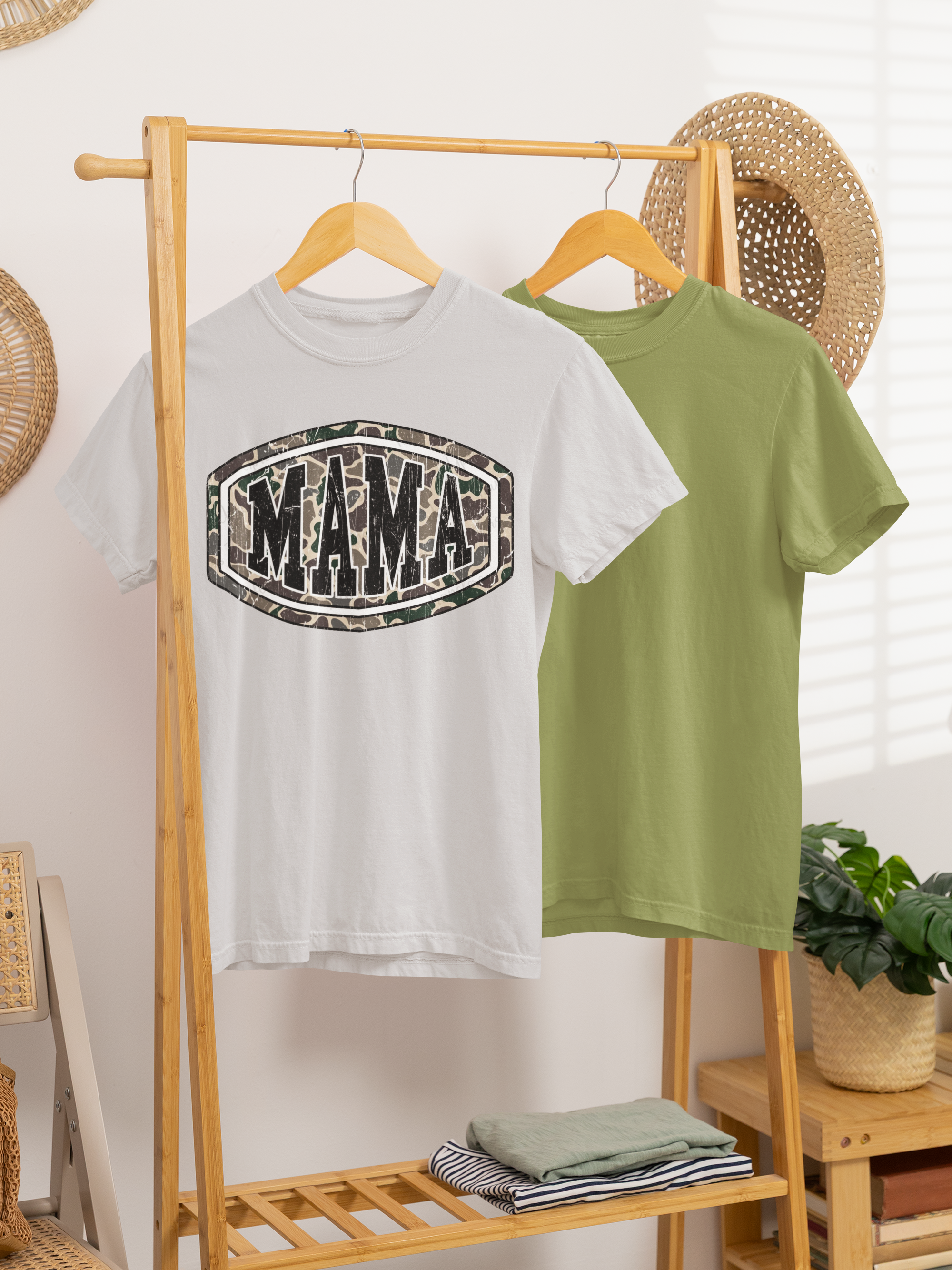 Distressed "mama" with camo tee