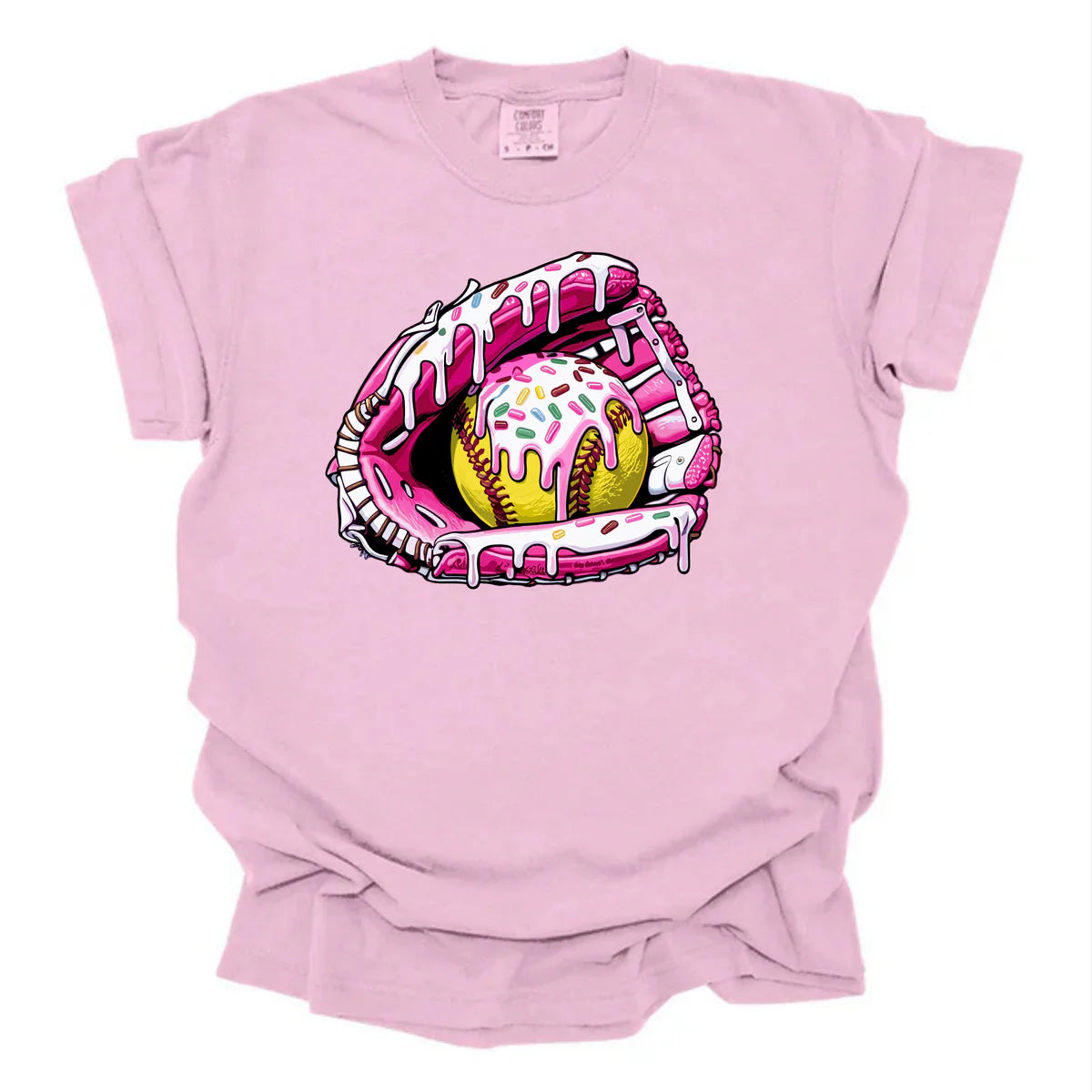 Pink softball glove drip tee