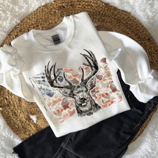 Buck with tattered red, white, and blue flag tee
