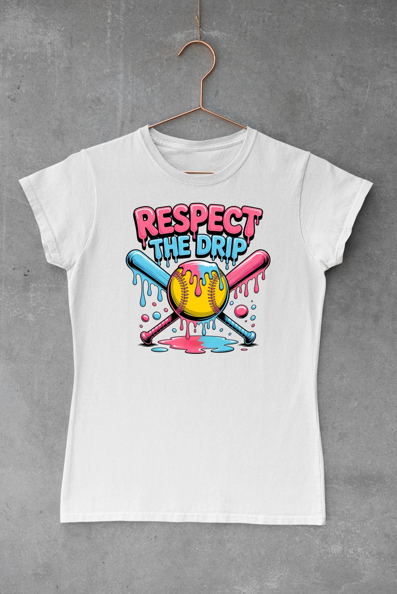 "Respect the Drip" softball tee with blue and pink drip
