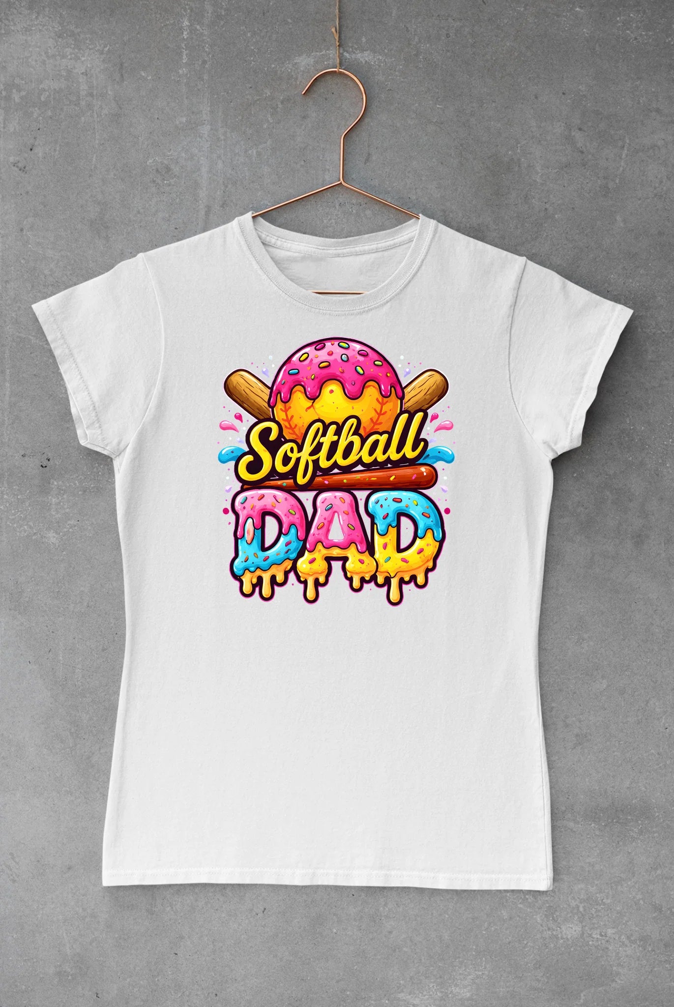 "Softball Dad" tee with pink and blue drip